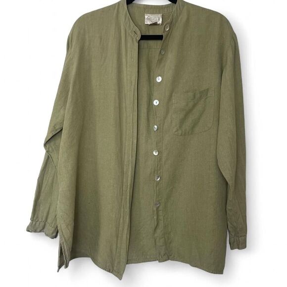 Prida Tops - 100% Linen Olive Green Long Sleeve Button Up Relaxed Fit Size Small